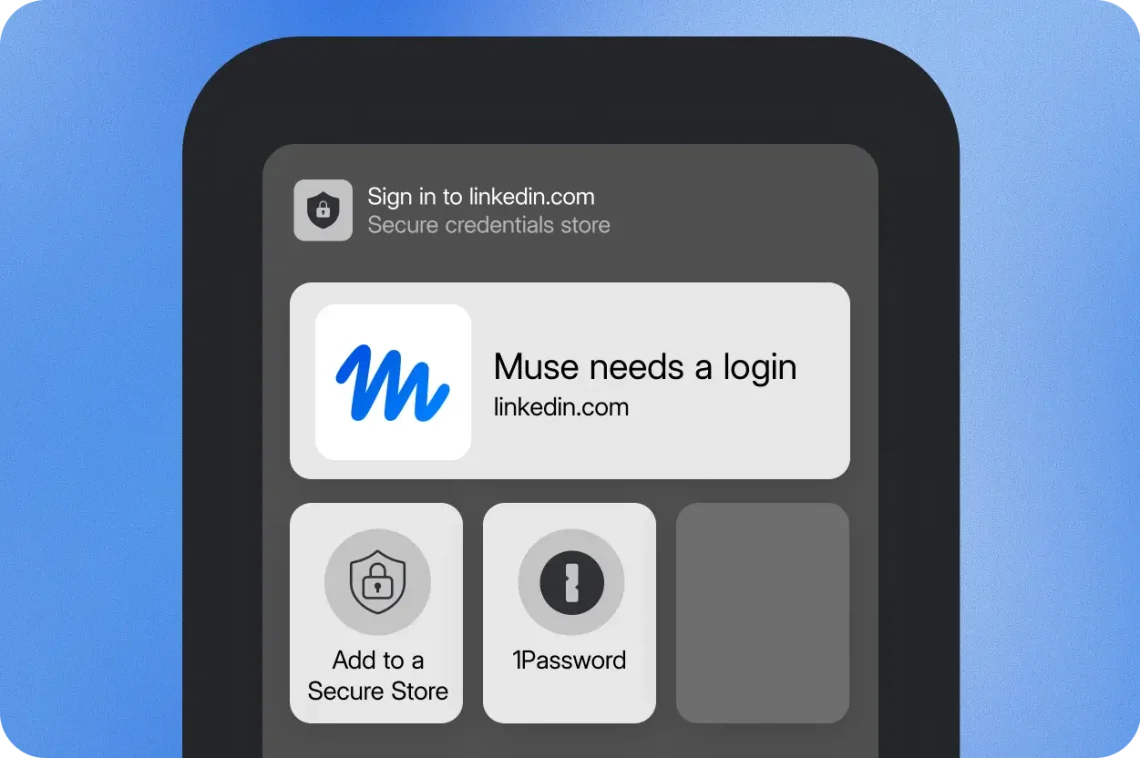 Official interface example shows Muse requesting a LinkedIn login with a 1Password option