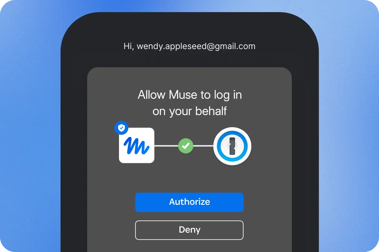 Illustrative authorization screen asks whether to let Muse log in, with Authorize and Deny buttons