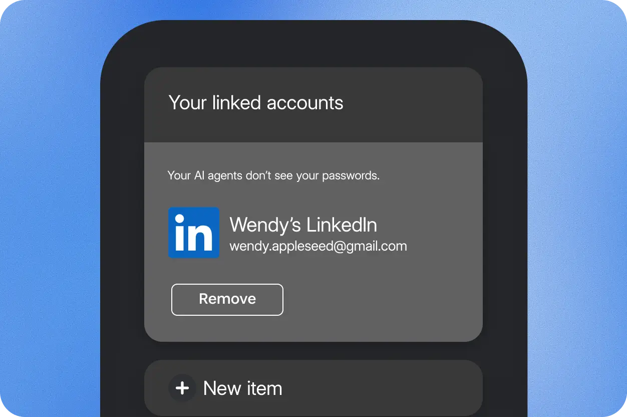 Illustrative linked-accounts screen shows a LinkedIn account and a Remove button