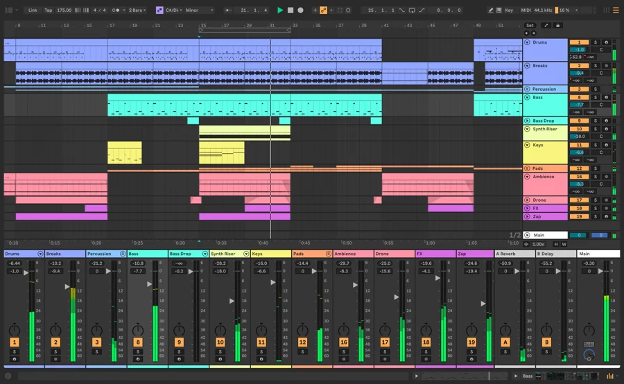 Ableton Live 12 Arrangement View showing coloured audio and MIDI tracks above the mixer