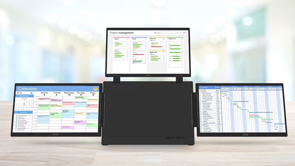 Three panels on the Acer PD163Q P3 showing separate workspaces