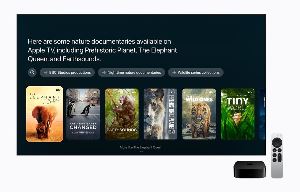Apple TV 4K displays Siri AI suggestions for nature documentaries.