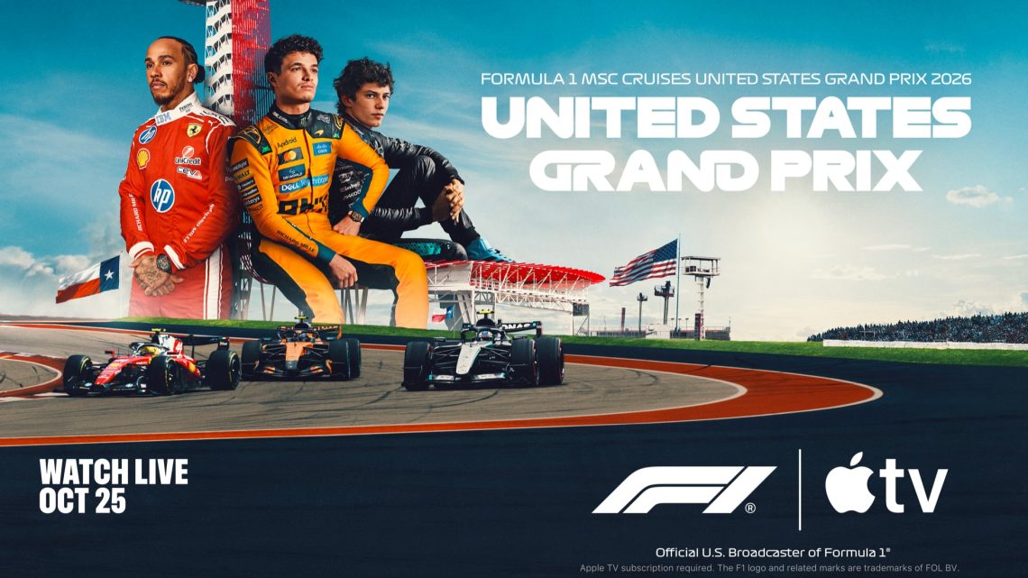 Apple’s US Grand Prix promotional graphic featuring Lewis Hamilton, Lando Norris and Kimi Antonelli.