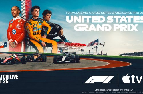 Apple’s US Grand Prix promotional graphic featuring Lewis Hamilton, Lando Norris and Kimi Antonelli.