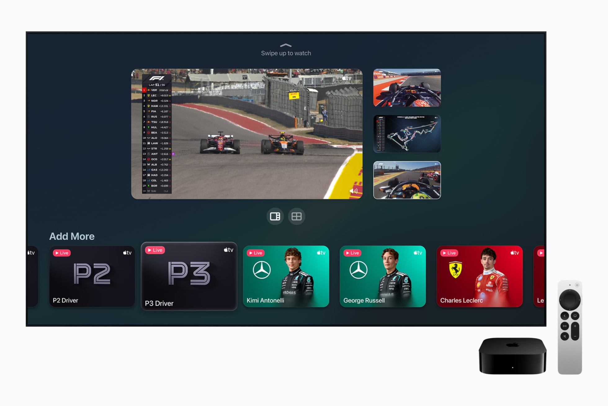 Apple TV interface combining a Formula 1 race feed with additional driver views.