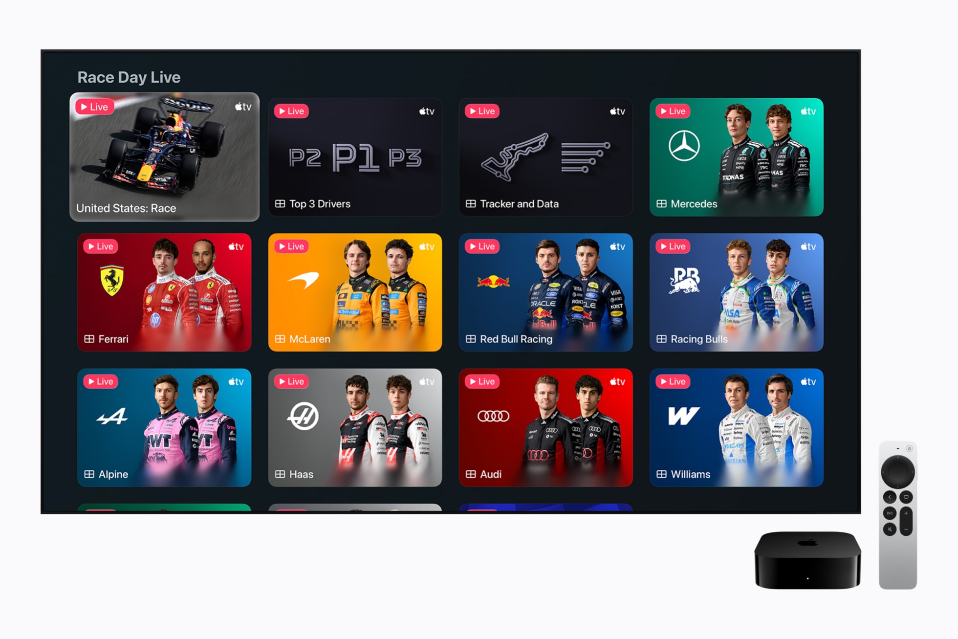 Apple TV Race Day Live interface with race, podium, data and team-feed options.