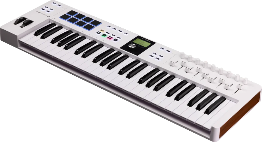 White Arturia KeyLab Essential 49 mk3 MIDI controller with 49 keys, pads, knobs and faders