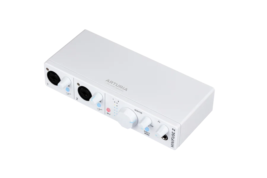 White Arturia MiniFuse 2 audio interface viewed from above with two front combination inputs