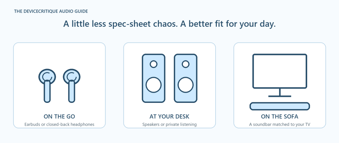 Original diagram compares earbuds for travel, powered desktop speakers and a television soundbar.