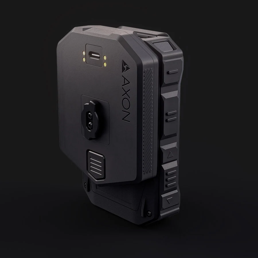 Axon Body 5 Pro fitted with the optional Battery Backpack accessory