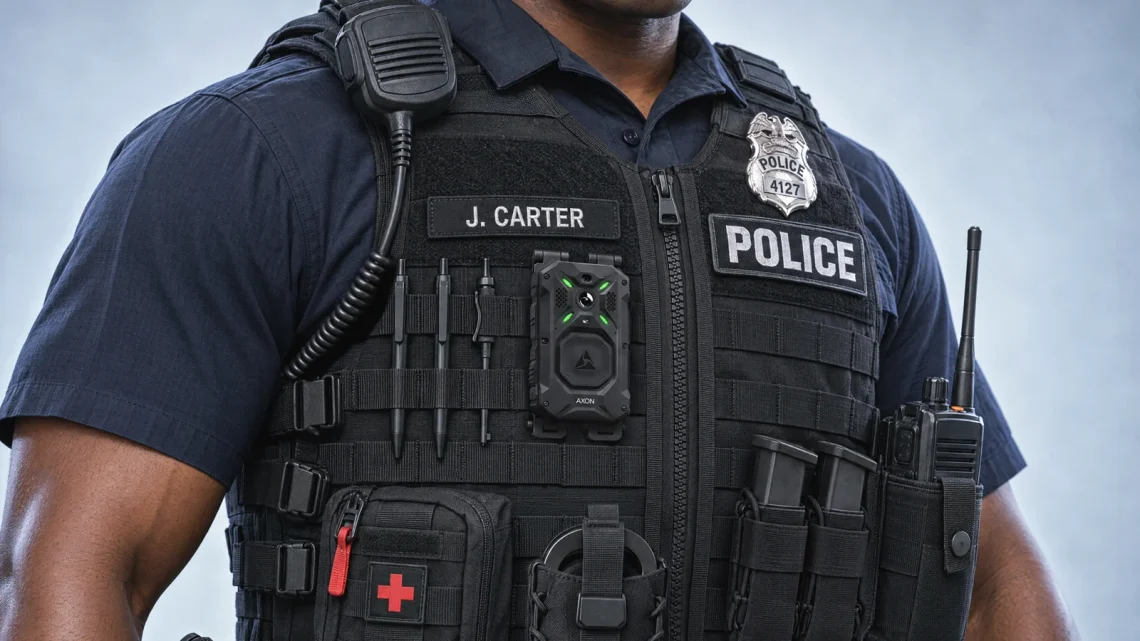 Uniformed officer wearing an Axon Body 5 camera in Axon’s official launch photograph