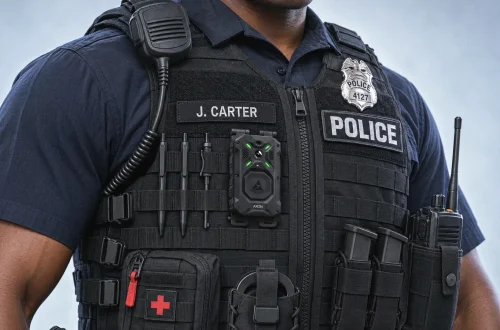 Uniformed officer wearing an Axon Body 5 camera in Axon’s official launch photograph