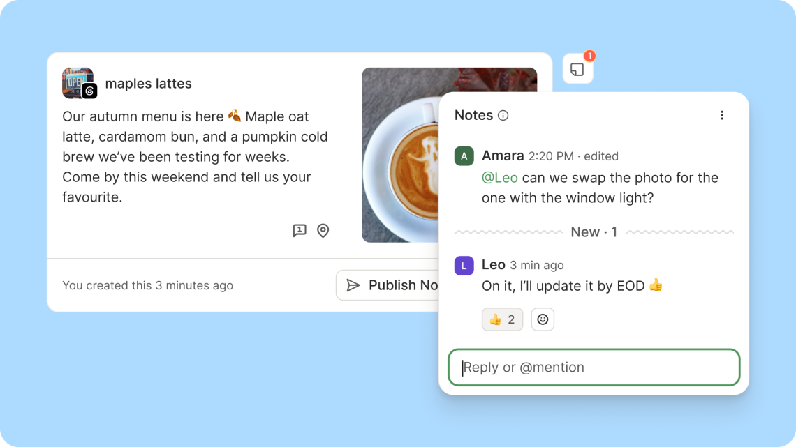 Buffer product illustration shows a social post beside its Notes conversation with mentions and reactions