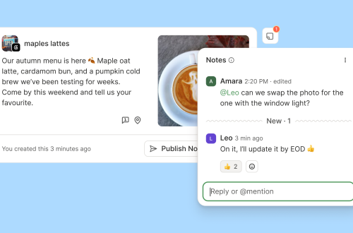 Buffer product illustration shows a social post beside its Notes conversation with mentions and reactions