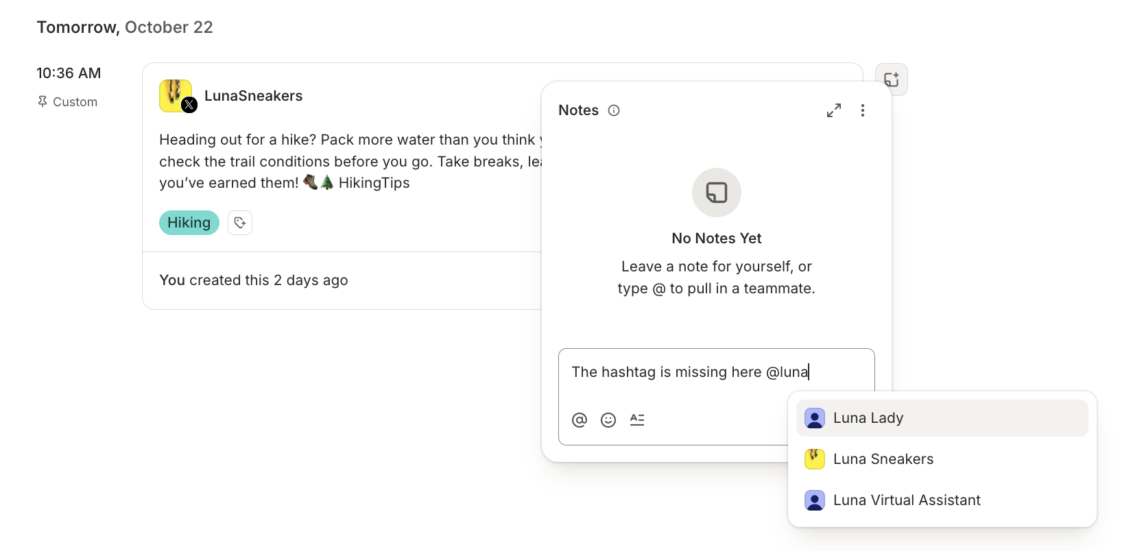 Buffer Help Centre screenshot shows a teammate being selected in a Notes mention