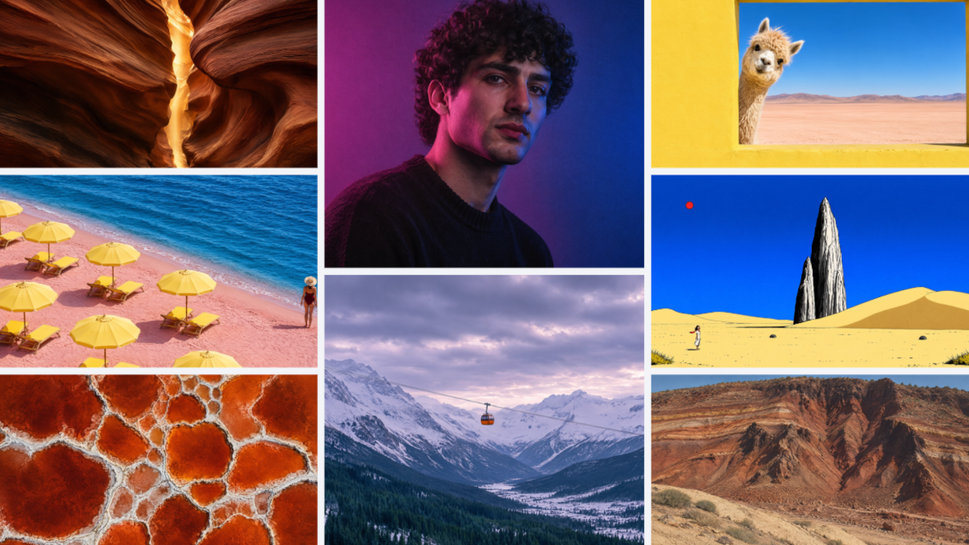 Grid of Canva Craft demonstration outputs including landscapes, a portrait and a stylised desert scene