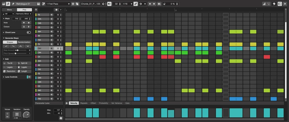 Cubase 15 Key Editor showing coloured MIDI notes, track controls and lower editing lanes
