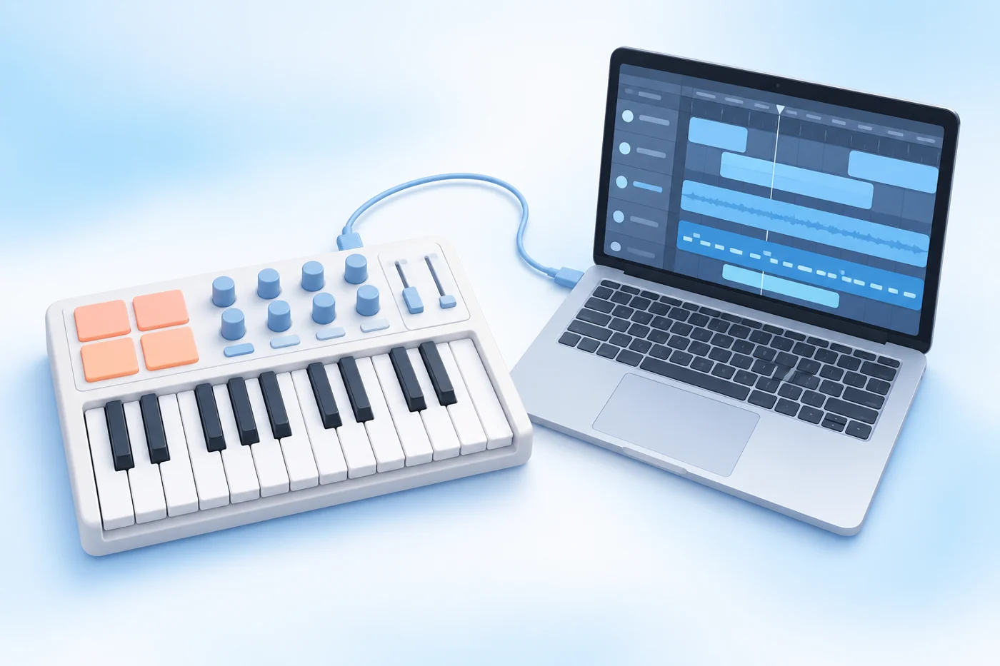 Editorial illustration of a playful home music studio with a MIDI keyboard and music software