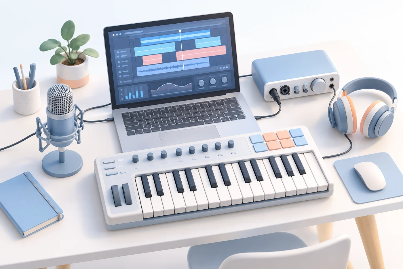 Illustrated home studio with a MIDI keyboard, laptop, microphone, recording interface and headphones