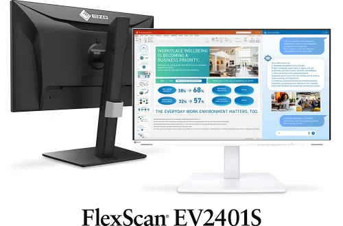 Black and white EIZO FlexScan EV2401S monitors in the official launch graphic.