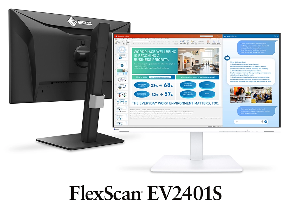 Black and white EIZO FlexScan EV2401S monitors in the official launch graphic.