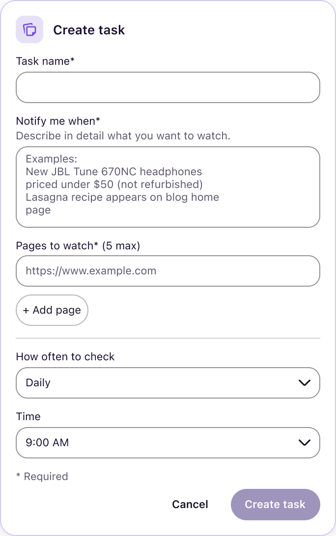 Mozilla’s Smart Window task-creation form