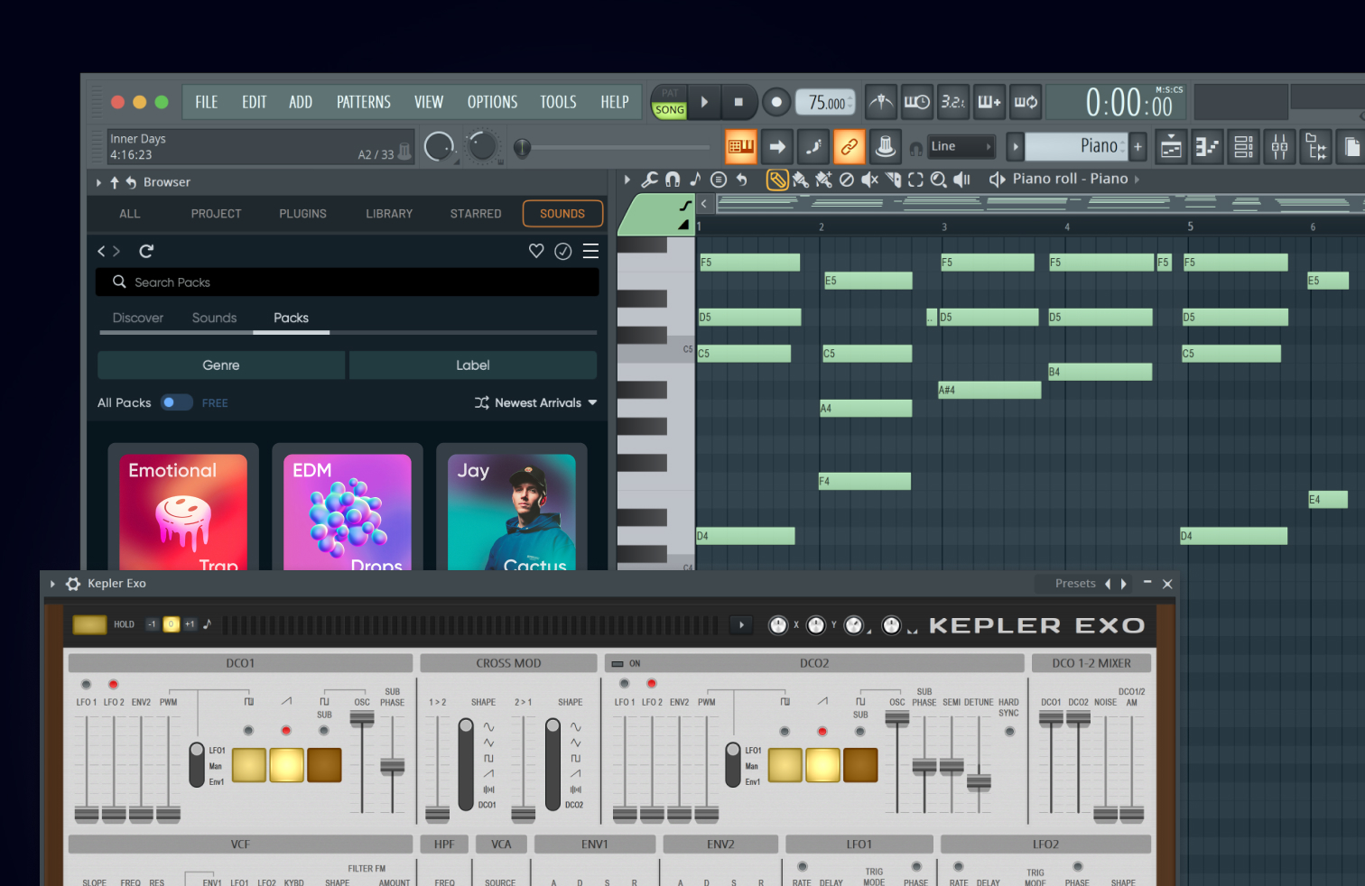 FL Studio piano roll and Kepler Exo synth in an official desktop screenshot