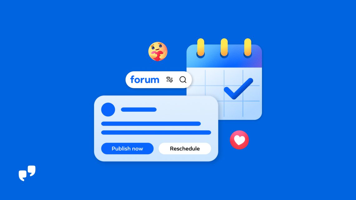 Meta illustration shows Forum scheduling and admin icons on a blue background