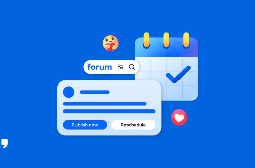Meta illustration shows Forum scheduling and admin icons on a blue background