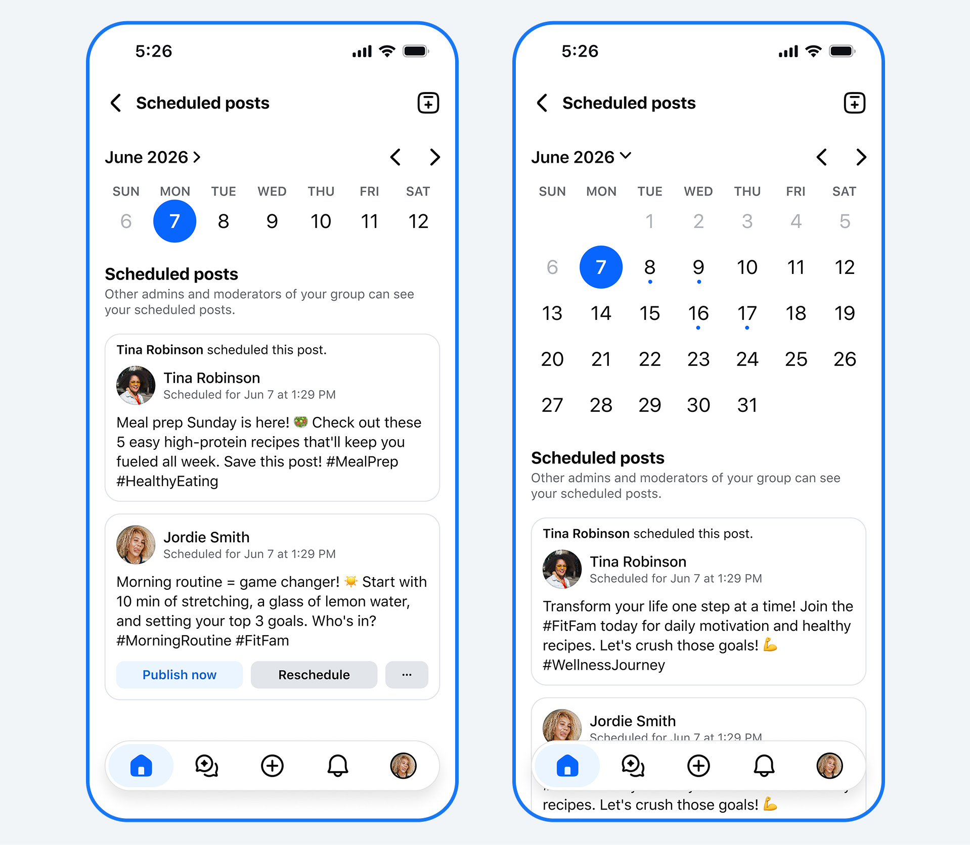 Two Forum interface examples show a shared scheduled-post calendar and posts from different administrators