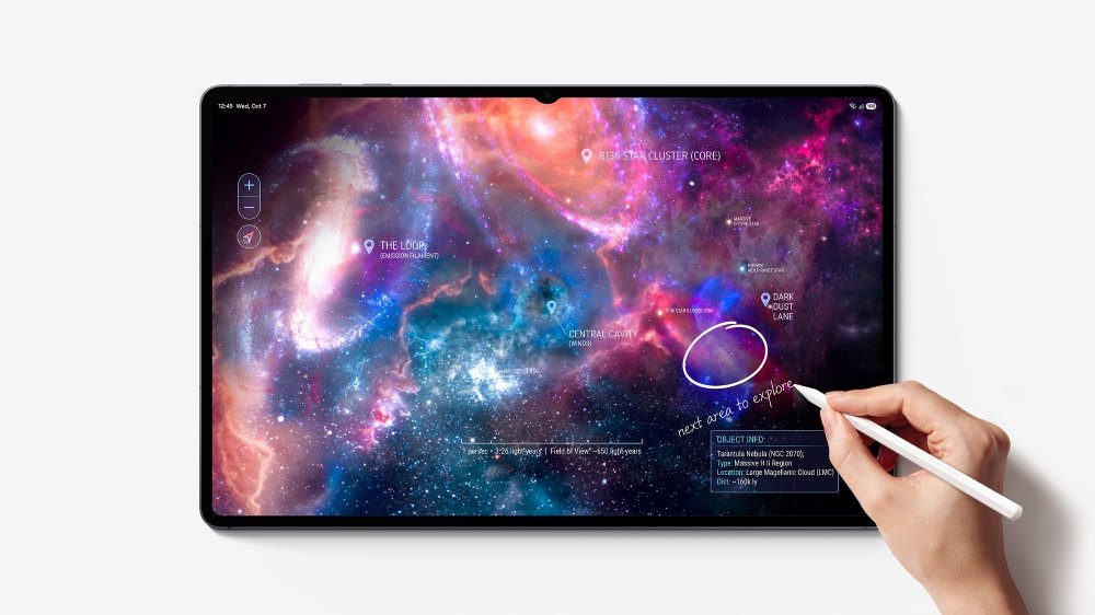 Samsung Galaxy Tab S12 display with an S Pen over a space image.