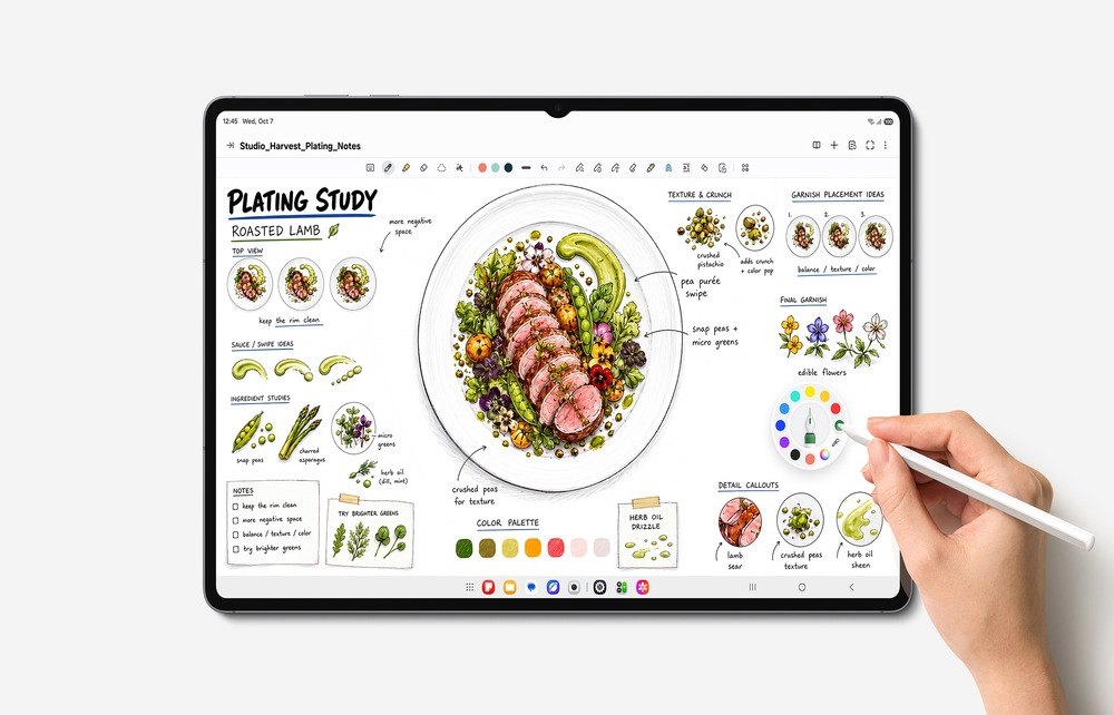 S Pen being used on a Galaxy Tab S12 showing a food illustration.