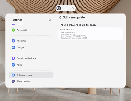 Illustrative Samsung Galaxy XR Settings screen shows the Software update section