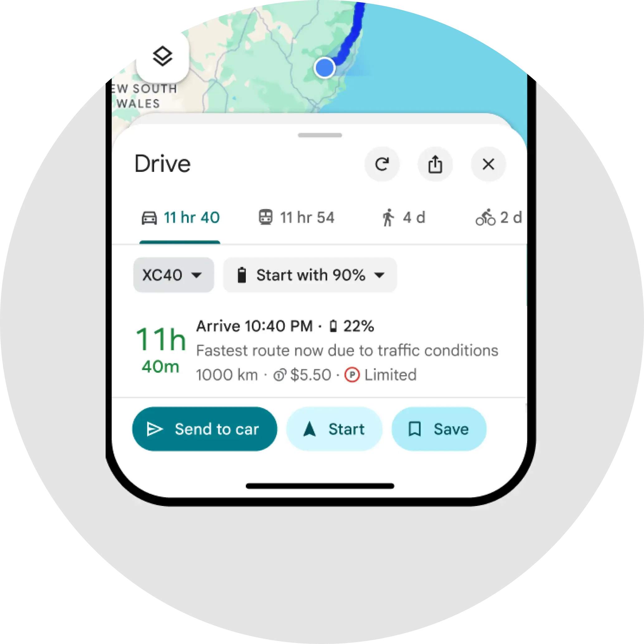 Google illustration shows a phone route with a Send to car button