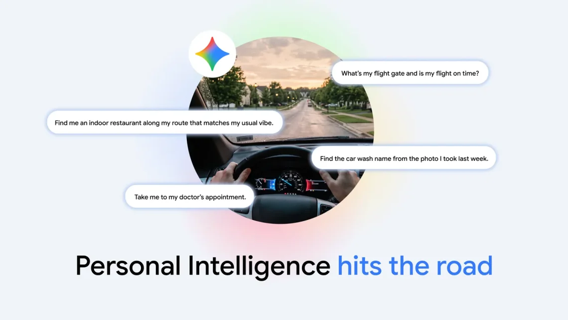 Google illustration of Gemini Personal Intelligence prompts around a driving scene