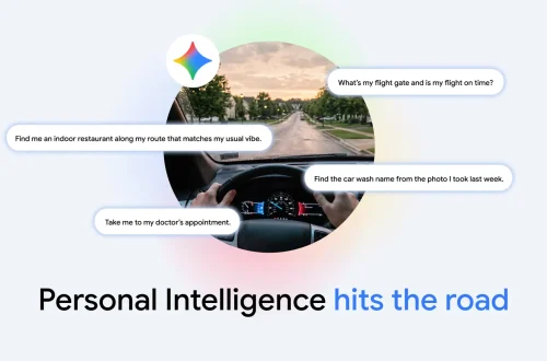 Google illustration of Gemini Personal Intelligence prompts around a driving scene