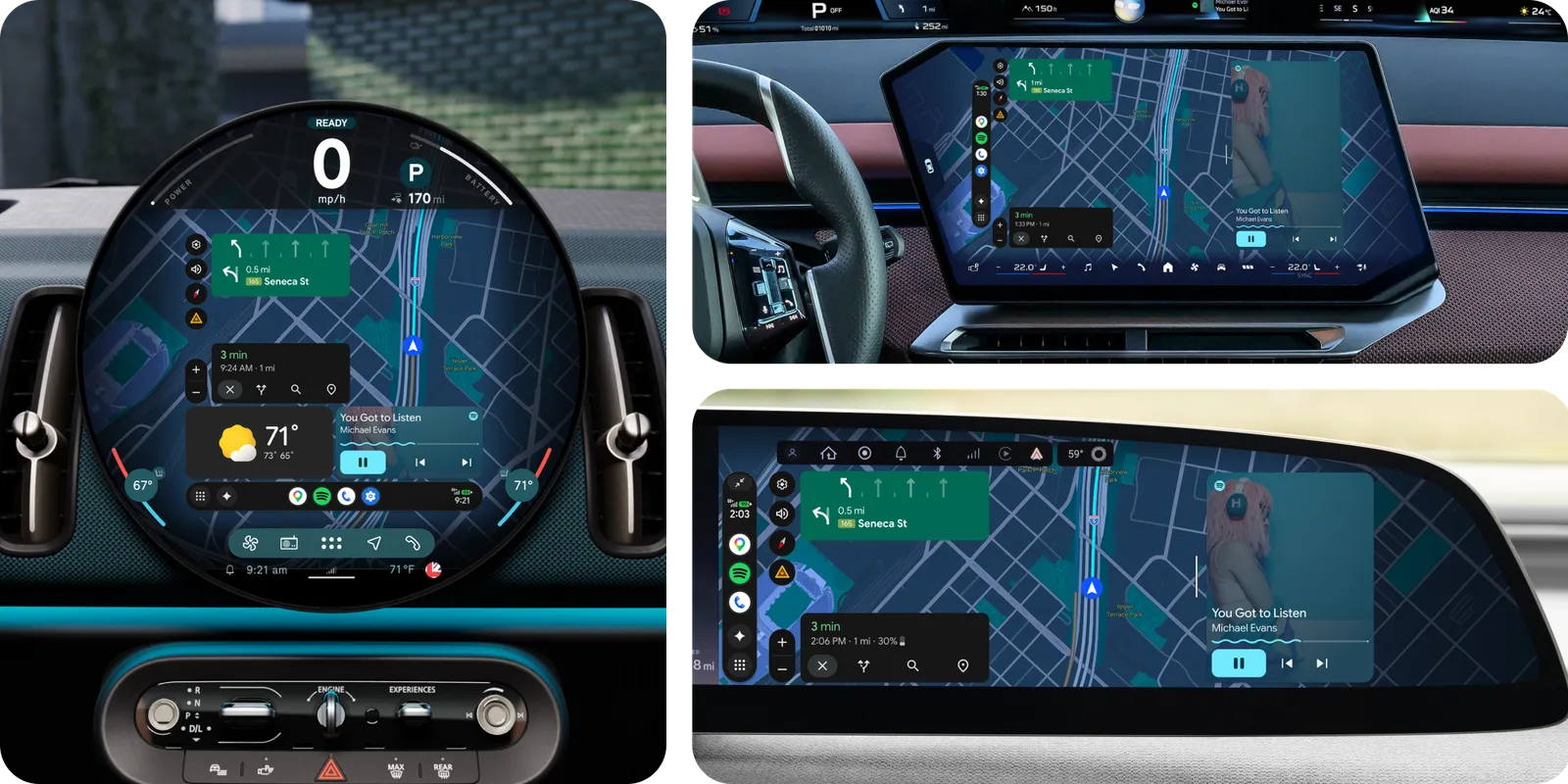 Google renderings show Android Auto maps adapted to three dashboard display shapes