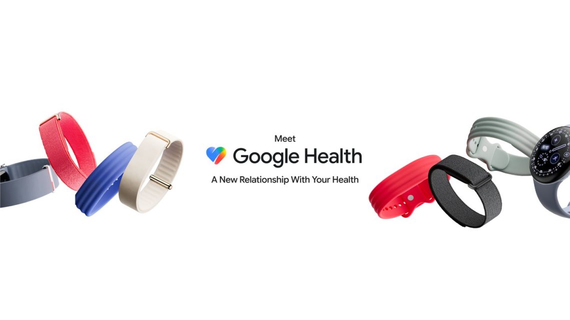 Google Health promotional artwork with Fitbit Air bands and a Pixel Watch