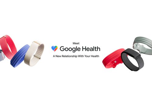 Google Health promotional artwork with Fitbit Air bands and a Pixel Watch