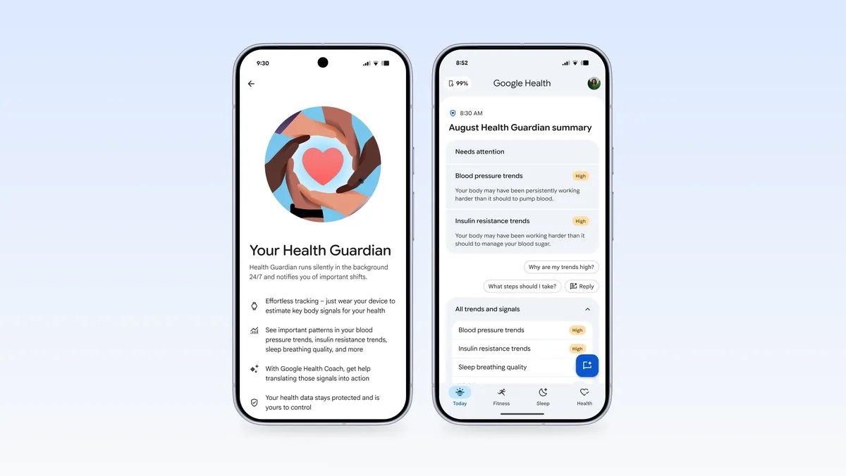 Google’s illustrative Health Guardian introduction and monthly summary on two phone screens