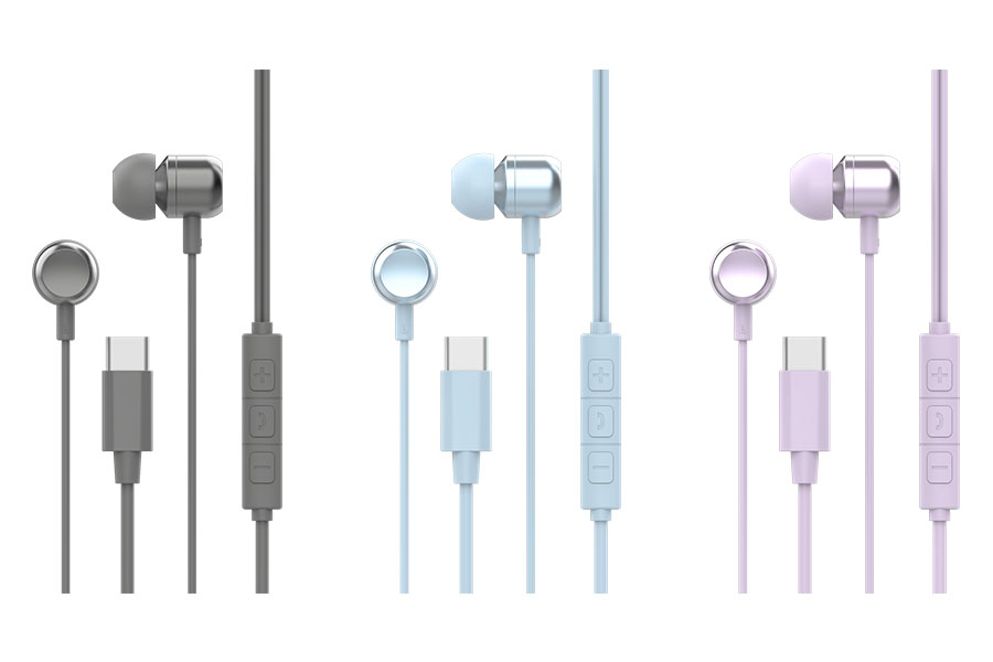 Green House GH-ERCB wired USB-C earbuds in grey, light blue and purple