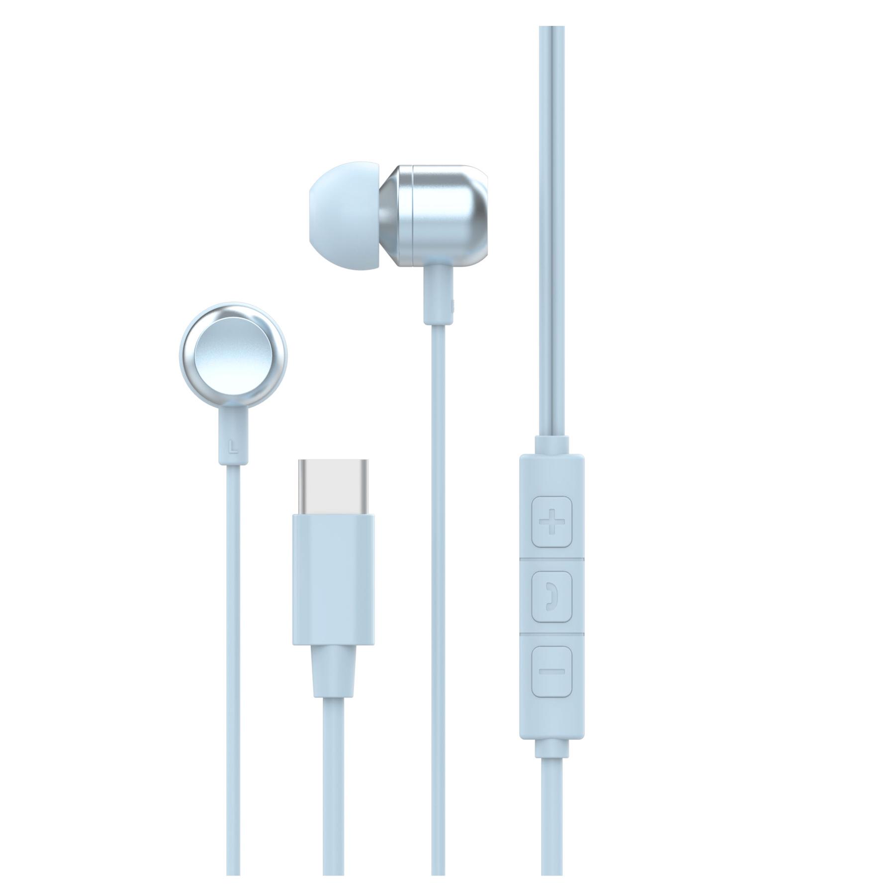 Light-blue Green House GH-ERCB earbuds, USB-C plug and inline remote