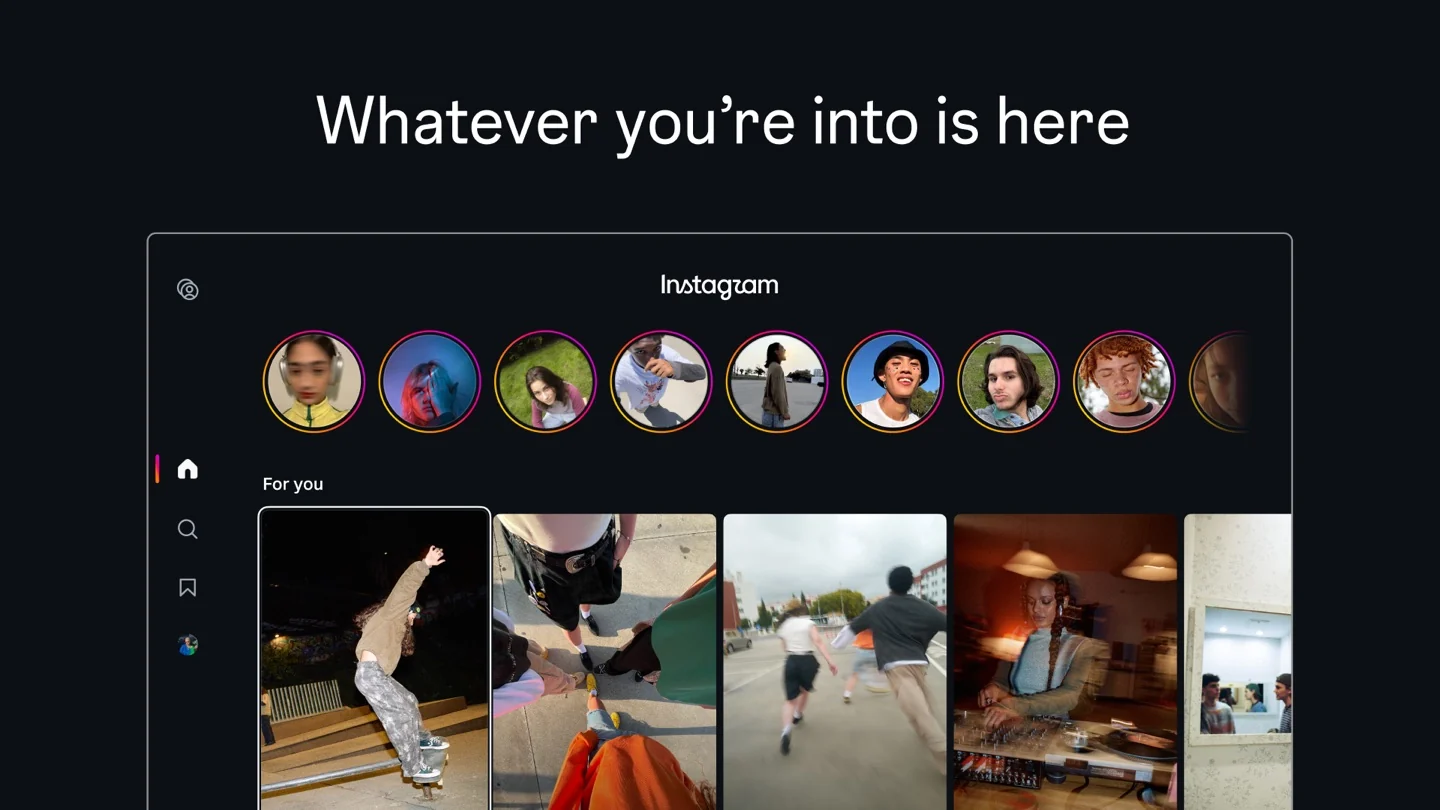 Instagram Apple TV developer image showing its For you video grid and account circles