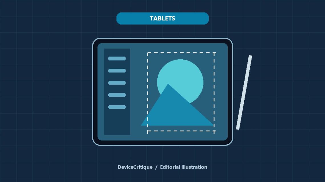 Original DeviceCritique illustration of image selection on a tablet; not an app screenshot or product photograph.