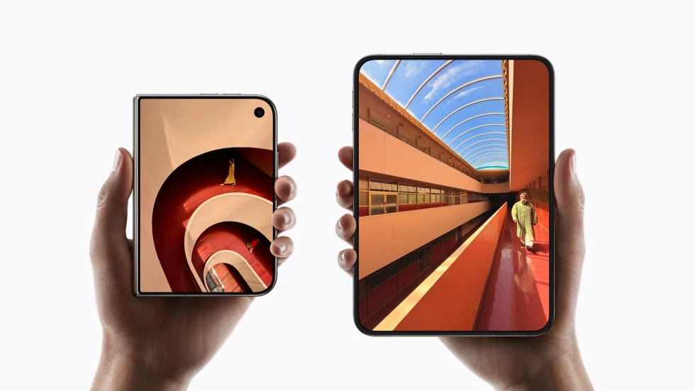 Two hands holding an iPhone Duo closed and unfolded, illustrating its outer and inner displays.