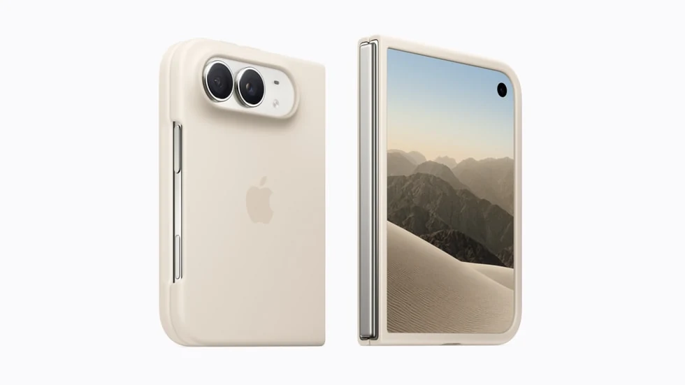Apple’s sand-coloured two-piece iPhone Duo case shown on the front and rear of the phone.