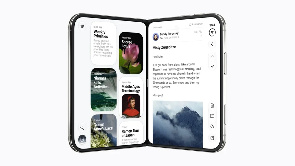 Apple promotional illustration showing side-by-side apps on iPhone Duo