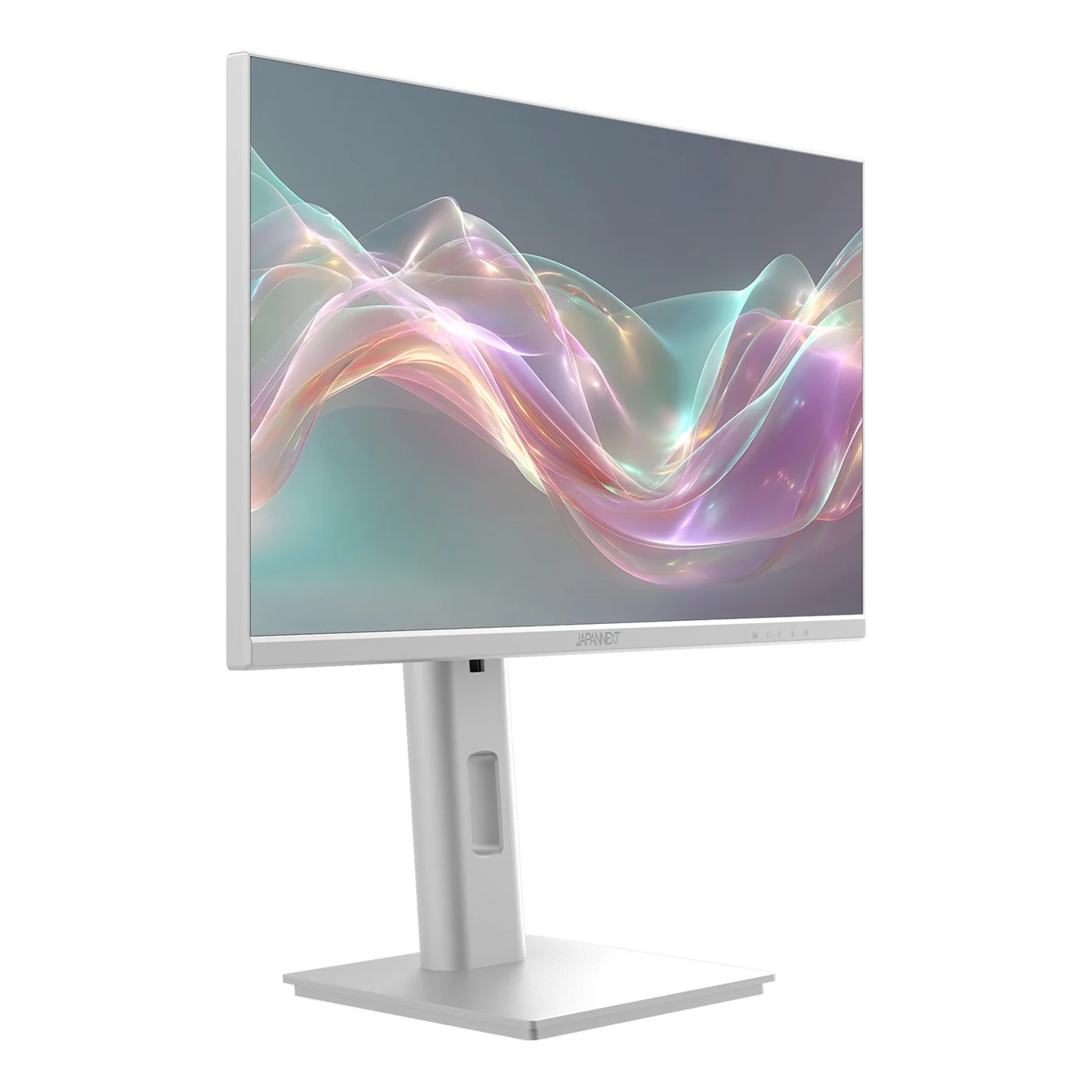 Angled view of the white touchscreen and stand