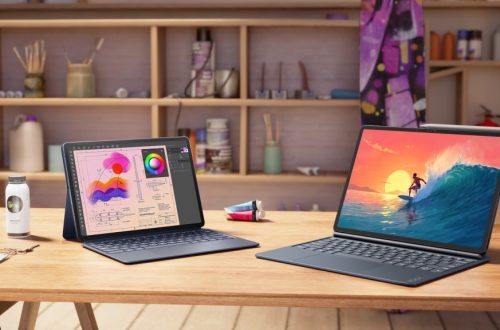 Lenovo Yoga Tab Gen 2 and Yoga Tab Plus Gen 2 set up with keyboard covers.