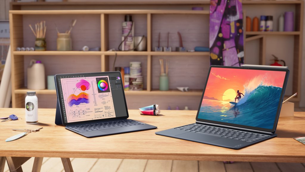 Lenovo Yoga Tab Gen 2 and Yoga Tab Plus Gen 2 set up with keyboard covers.